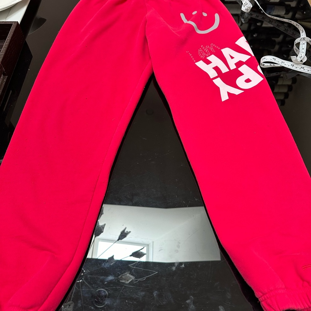 Rare “Happy”Peace Love World red/Orange Happy Sweatpants.